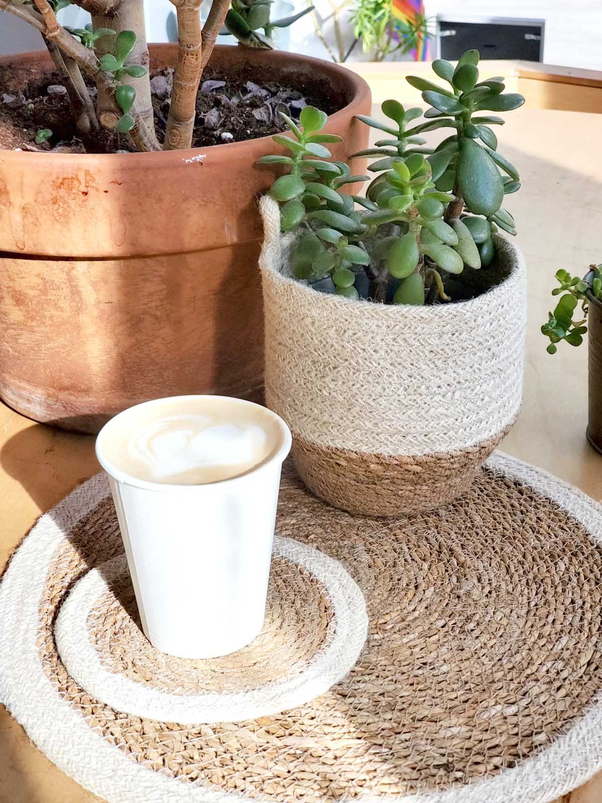 Set of 4 Savar placemats made from natural seagrass and jute, showcasing a round design with a neutral color palette.