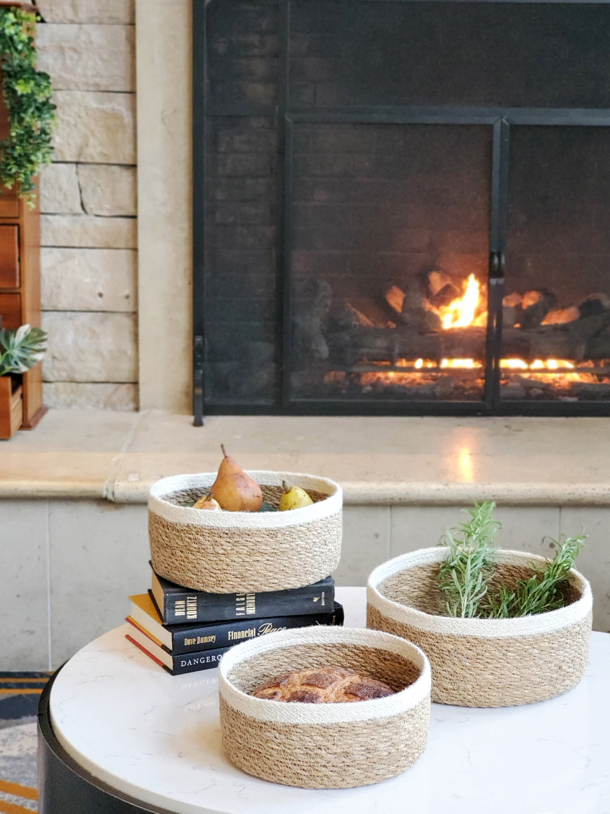 Set of 3 Savar Storage Bowls made from seagrass and jute, showcasing natural colors and handcrafted design.