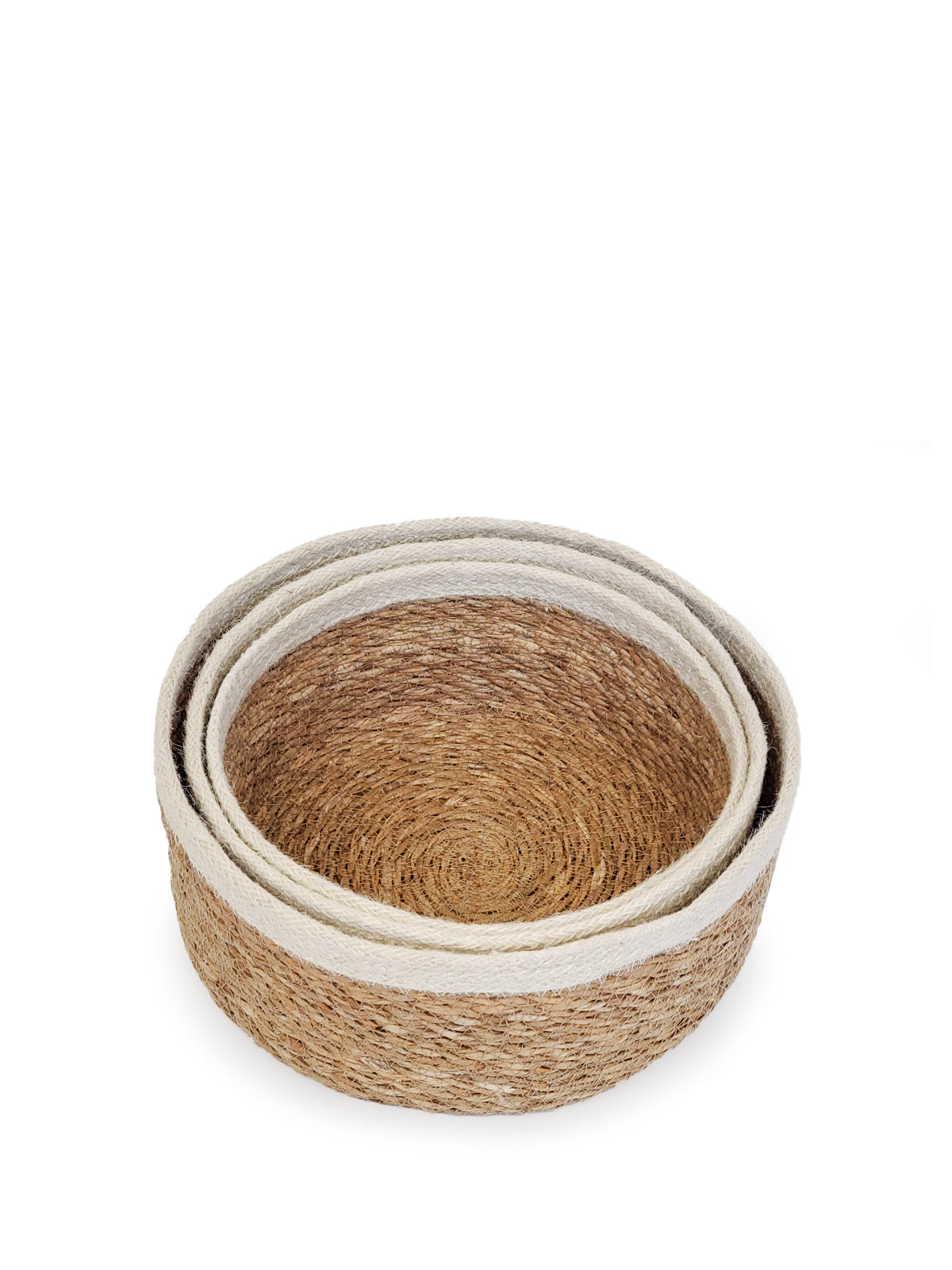 Set of 3 Savar Storage Bowls made from seagrass and jute, showcasing natural colors and handcrafted design.