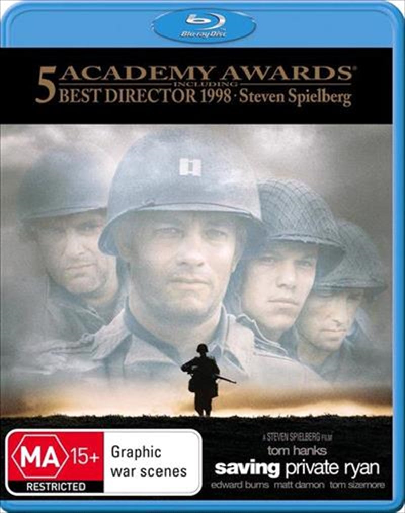 Blu-ray cover of Saving Private Ryan featuring soldiers in combat during World War II, directed by Steven Spielberg.