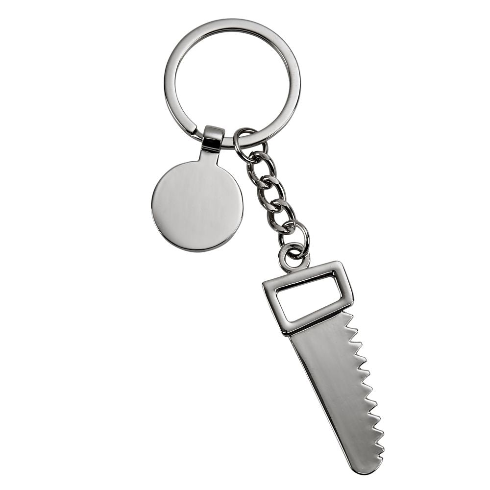 A polished nickelplated saw keychain with an engraving tag, elegantly displayed in a black gift box.