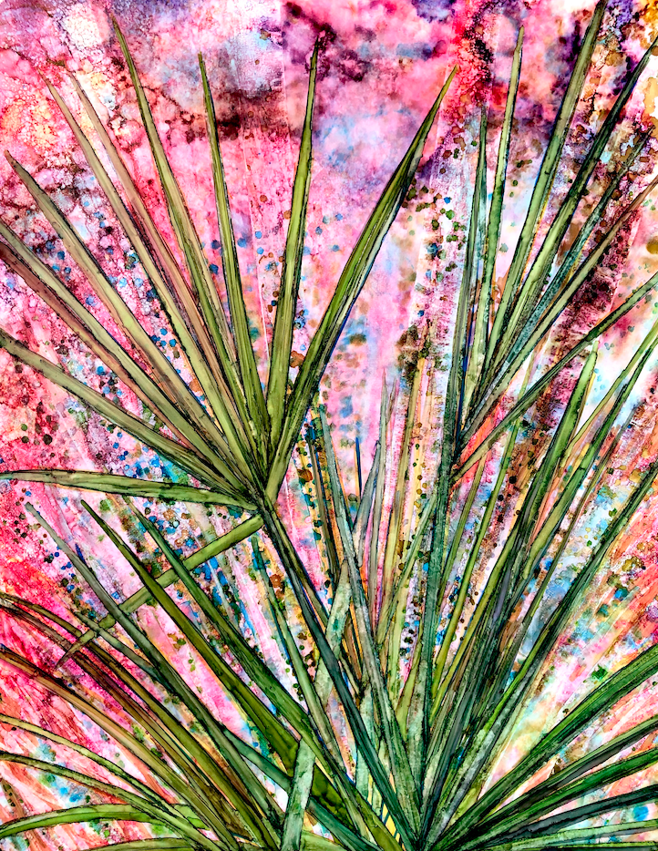 Vibrant abstract landscape print of Saw Palmettos with intricate details and soothing colors, created with alcohol inks.