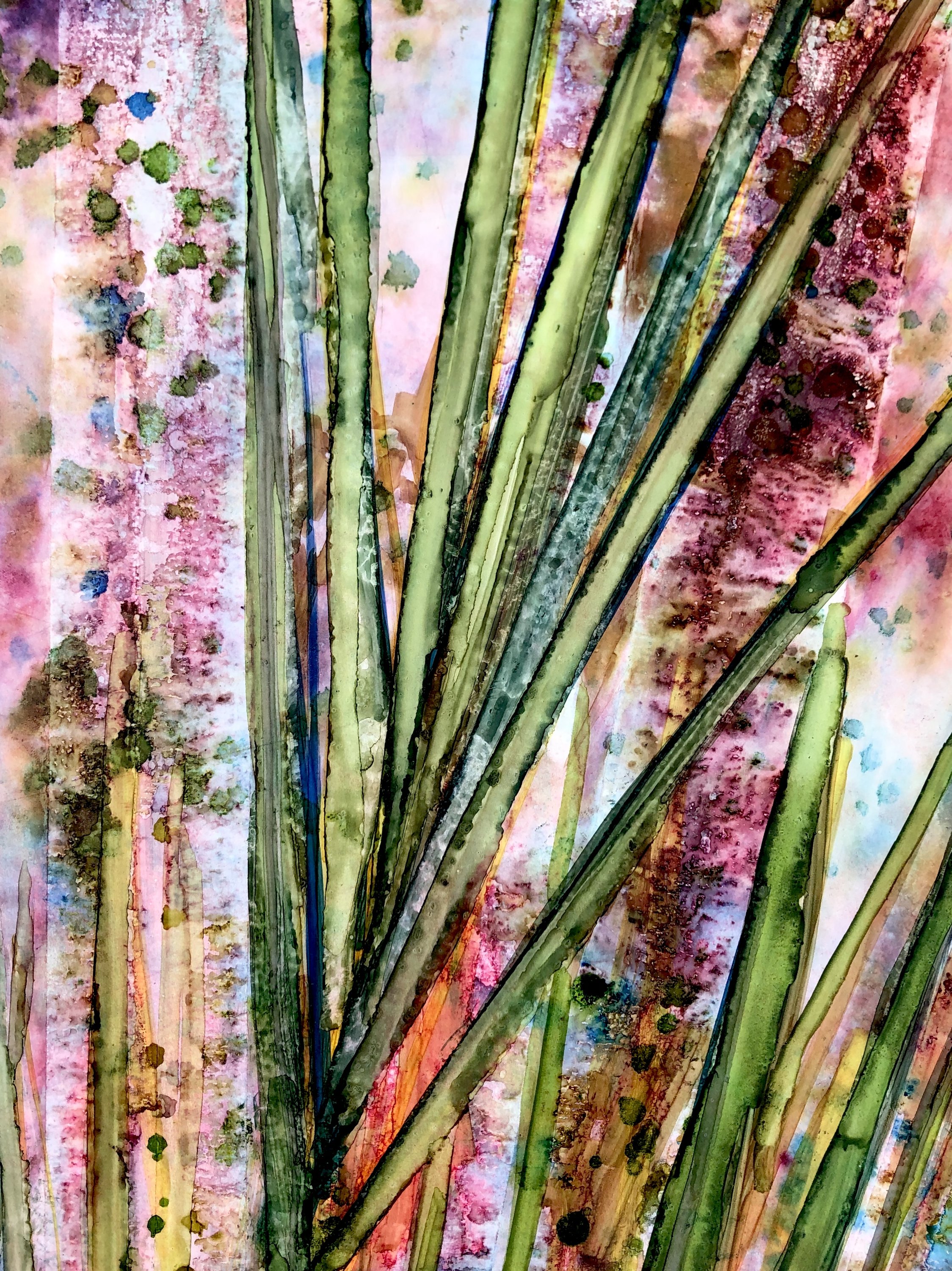 Vibrant abstract landscape print of Saw Palmettos with intricate details and soothing colors, created with alcohol inks.