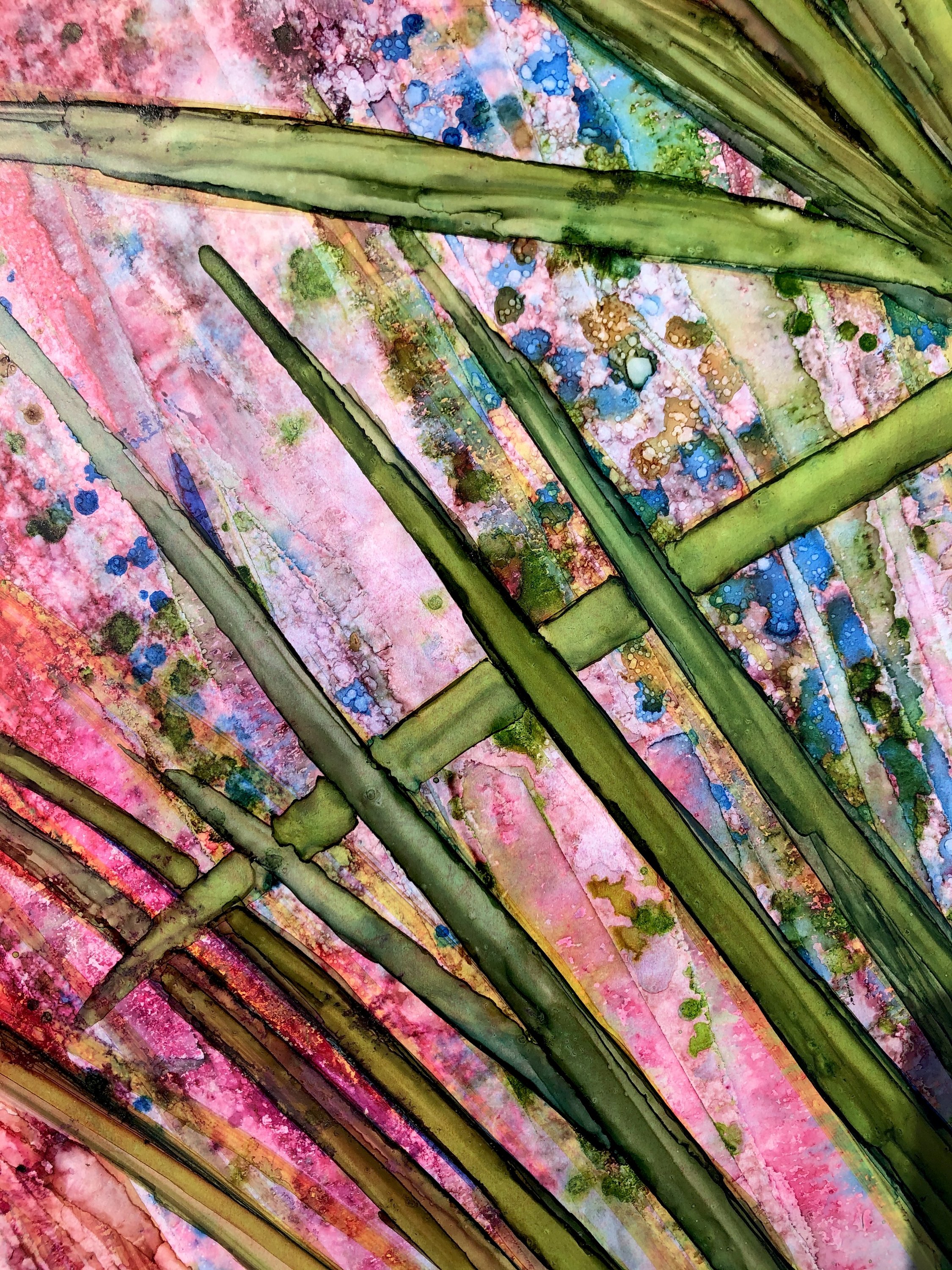 Vibrant abstract landscape print of Saw Palmettos with intricate details and soothing colors, created with alcohol inks.