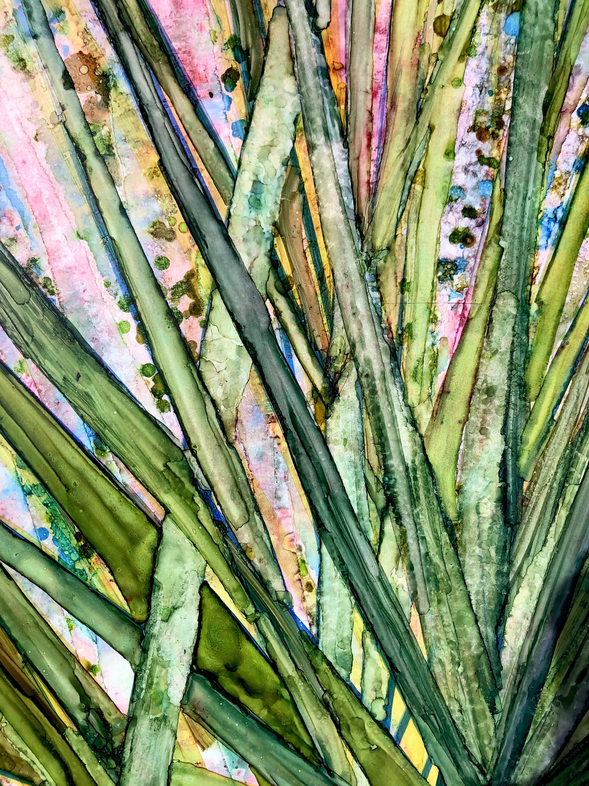 Vibrant abstract landscape print of Saw Palmettos with intricate details and soothing colors, created with alcohol inks.