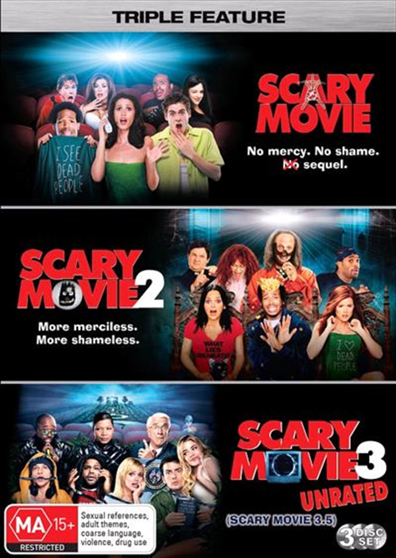 Scary Movie franchise pack featuring Scary Movie 1, 2, and 3 DVDs in a colorful box set.