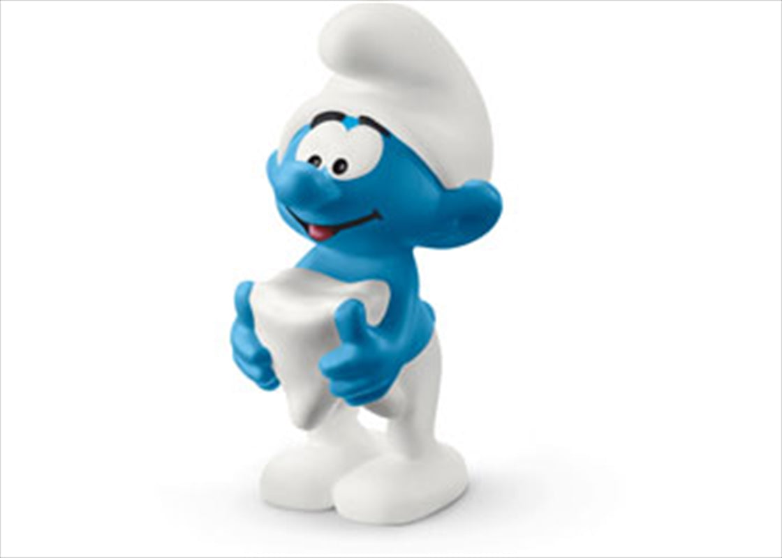 Schleich Smurf figurine holding the Tooth of Wisdom, intricately detailed and colorful.