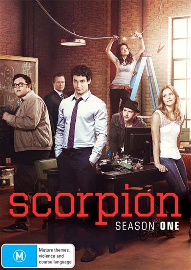 Scorpion - Season 1 DVD cover featuring the main characters in action, showcasing their intelligence and teamwork.