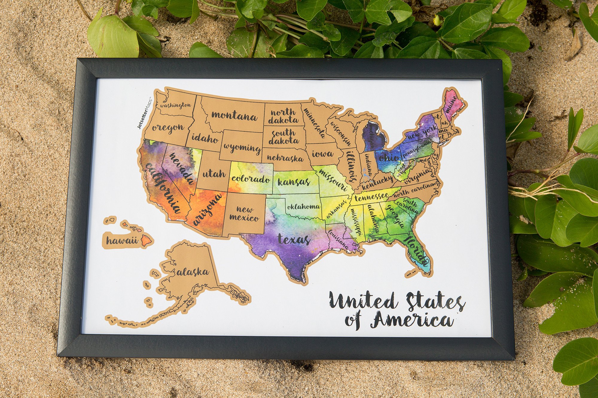 Scratch Your Travels® USA Map featuring vibrant watercolor states, perfect for tracking travels.