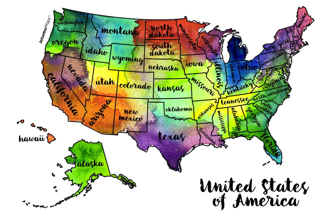 Scratch Your Travels® USA Map featuring vibrant watercolor states, perfect for tracking travels.