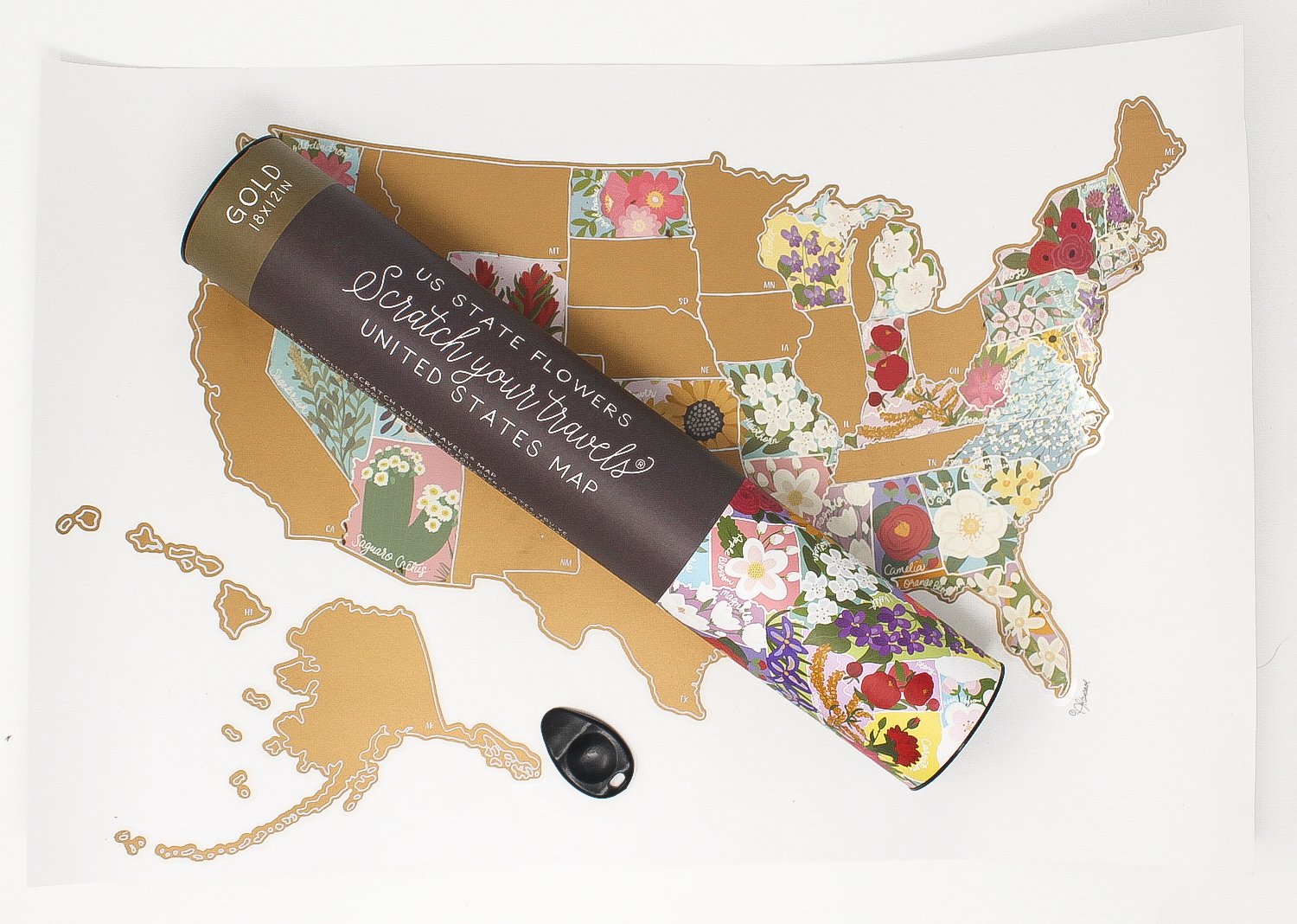 Scratch Your Travels® USA State Flowers Map with gold scratch-off finish, showcasing hand-drawn flowers for each state.