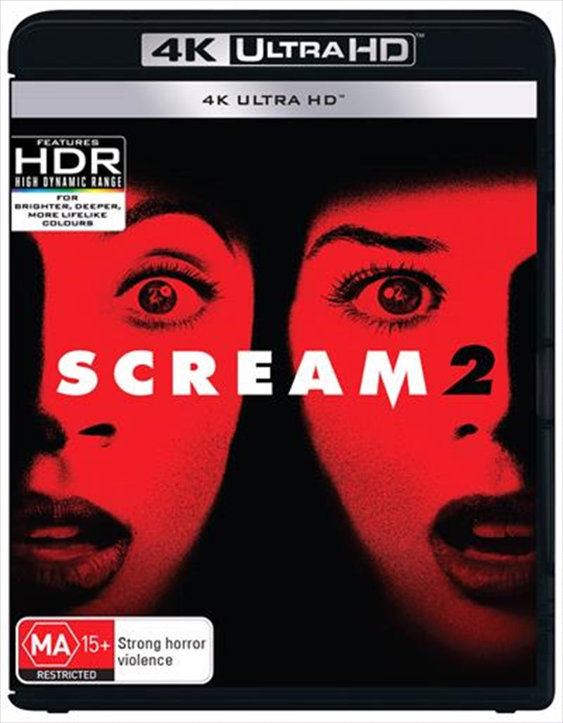 Scream 2 UHD movie cover featuring iconic characters and horror elements.