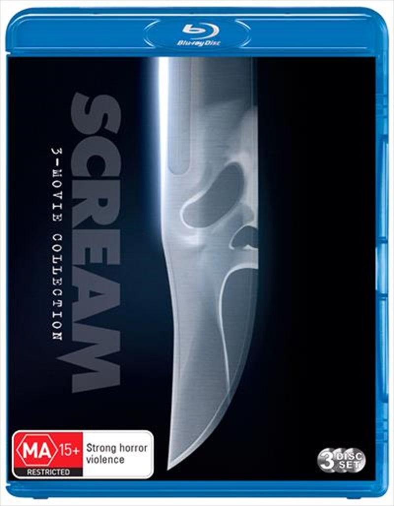 Blu-ray pack featuring the Scream trilogy with iconic horror movie artwork.