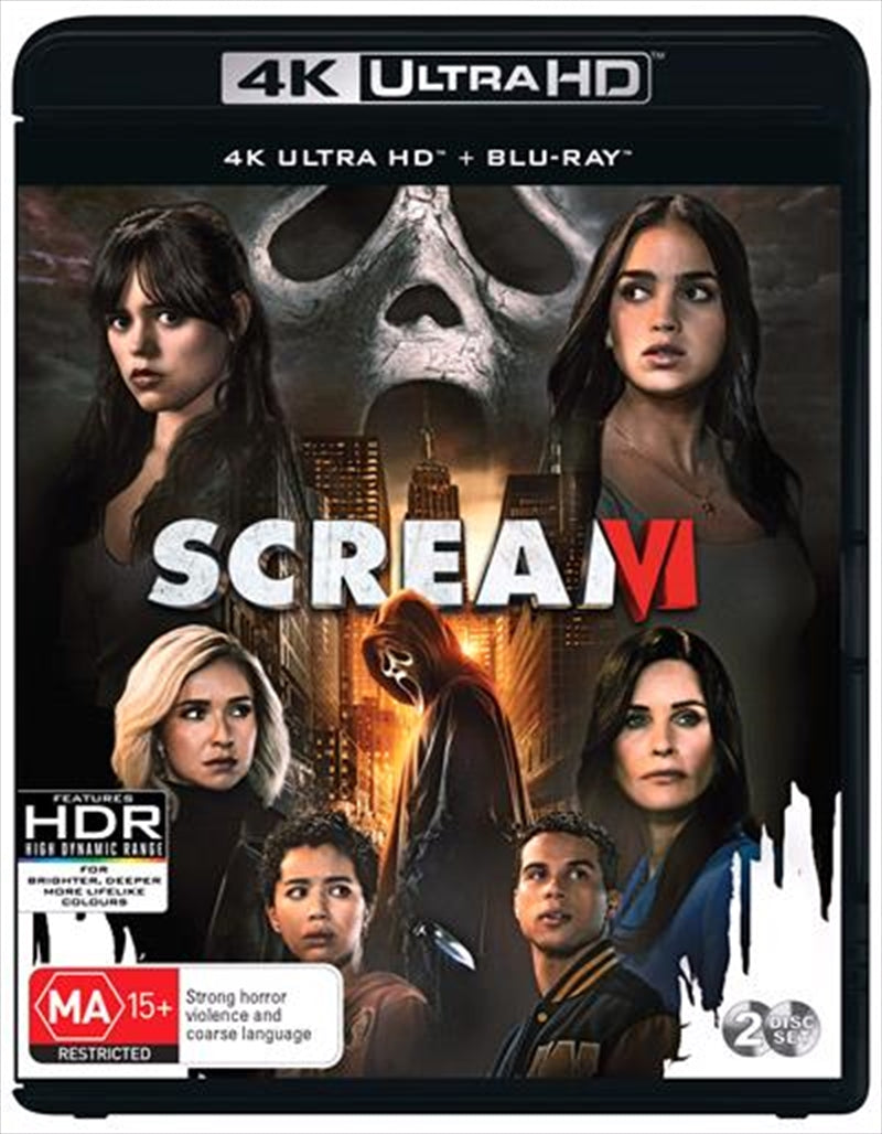 Scream VI Blu-ray + UHD cover featuring Ghostface in a dark urban setting.