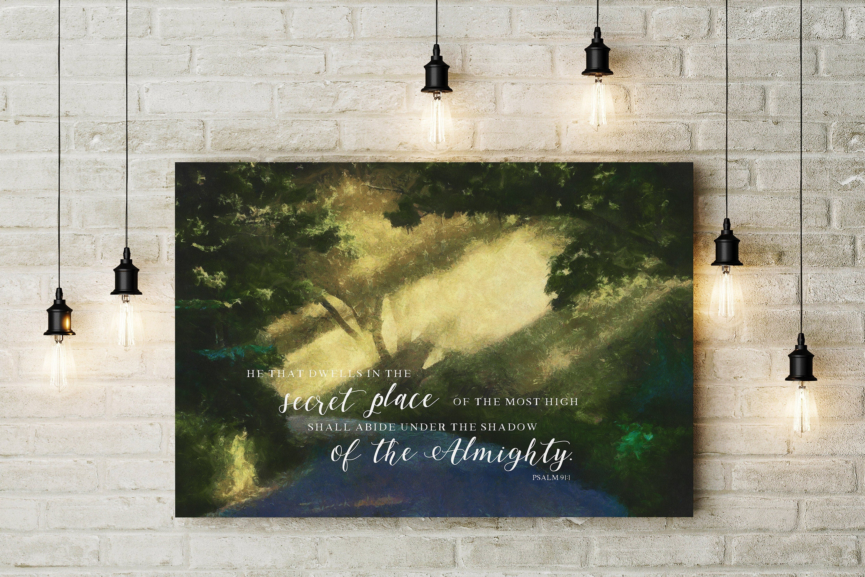 A beautiful canvas print of Psalm 91 featuring serene landscape art, perfect for home decor and meditation.