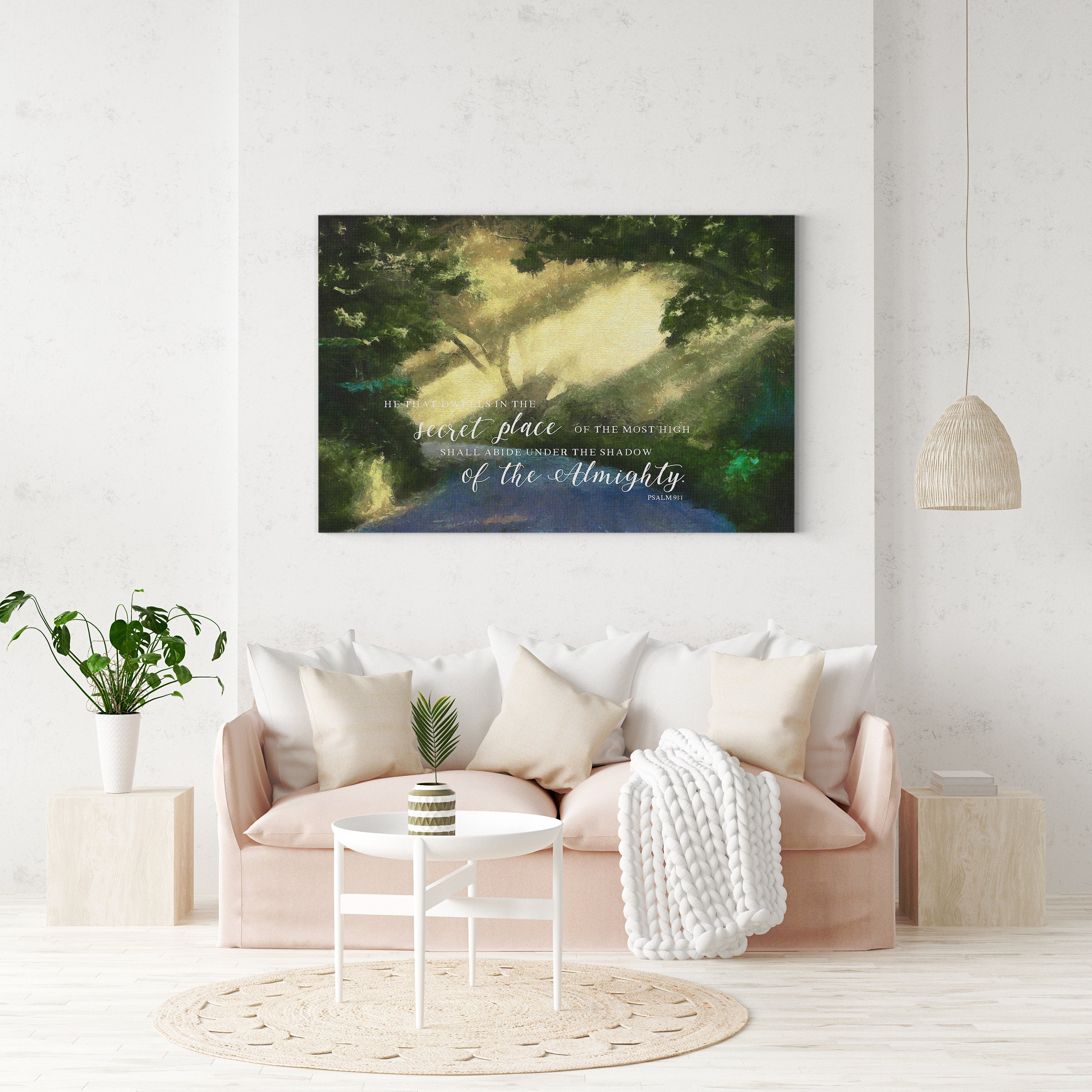 A beautiful canvas print of Psalm 91 featuring serene landscape art, perfect for home decor and meditation.