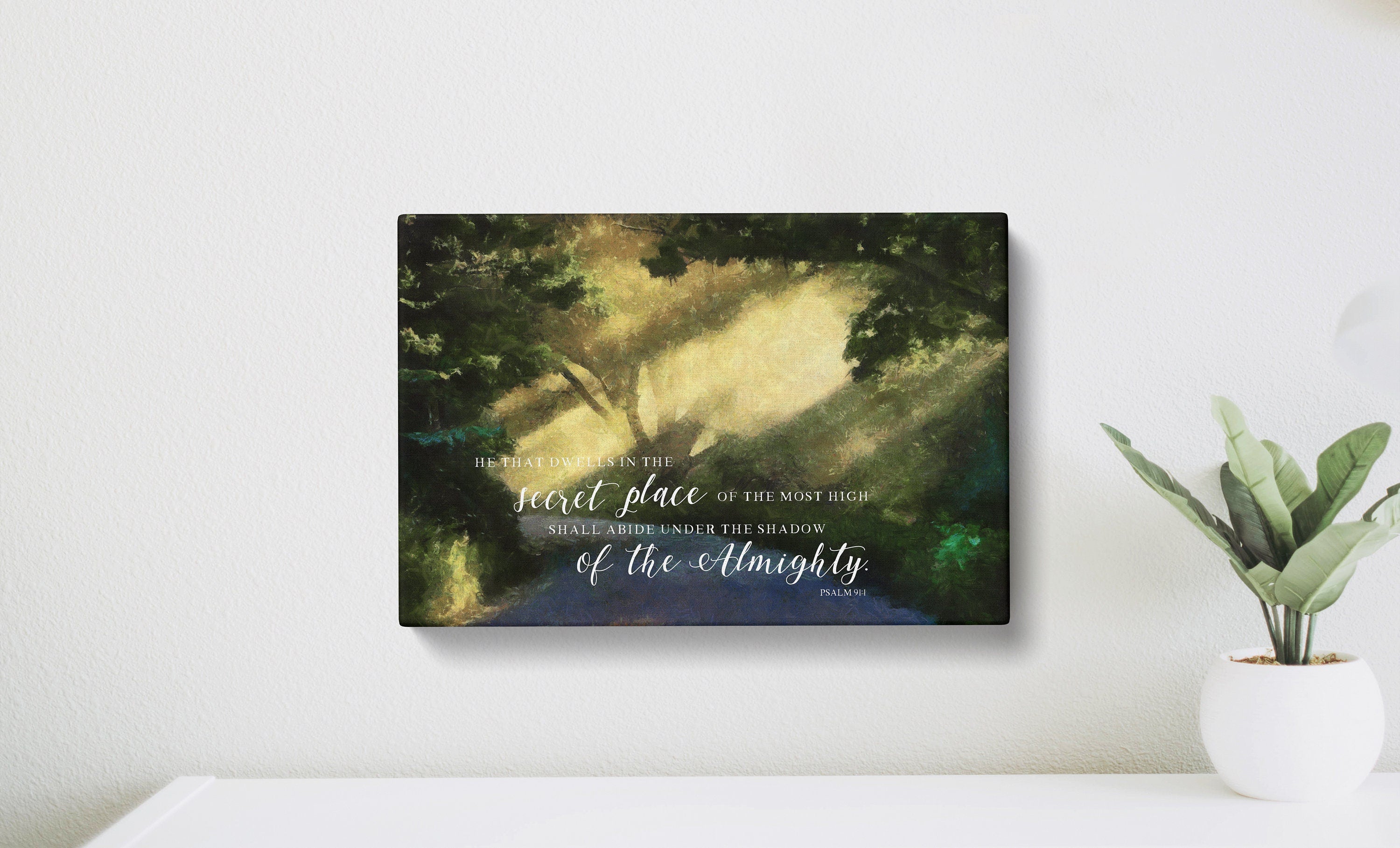 A beautiful canvas print of Psalm 91 featuring serene landscape art, perfect for home decor and meditation.