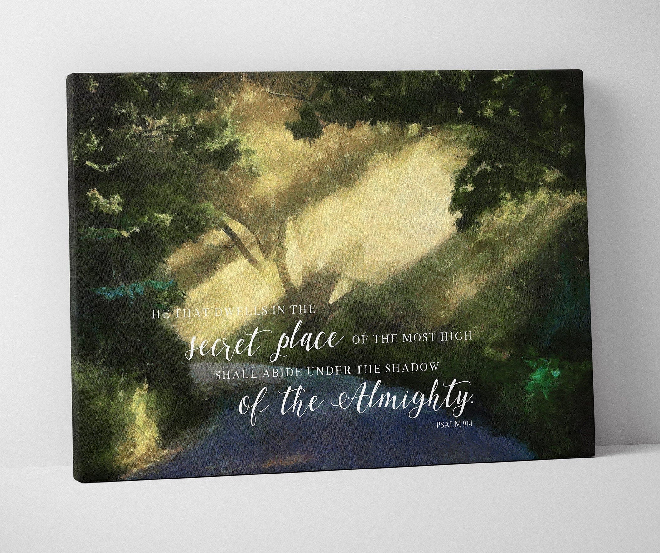 A beautiful canvas print of Psalm 91 featuring serene landscape art, perfect for home decor and meditation.