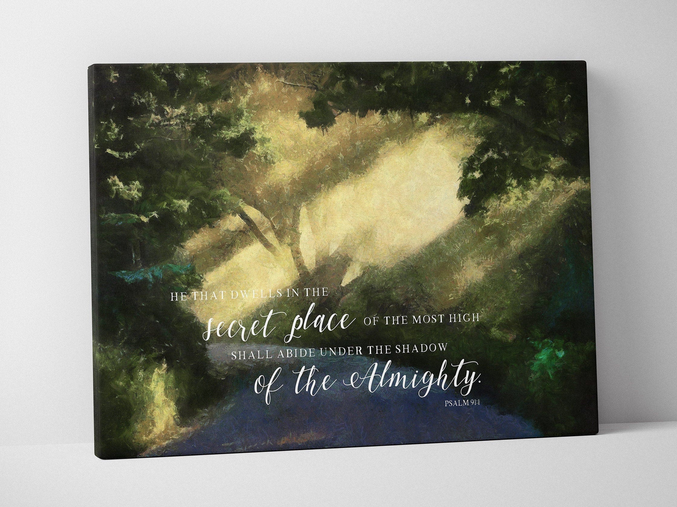 A beautiful canvas print of Psalm 91 featuring serene landscape art, perfect for home decor and meditation.