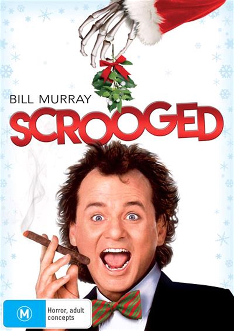 Scrooged DVD cover featuring Bill Murray in a festive scene with ghostly characters.