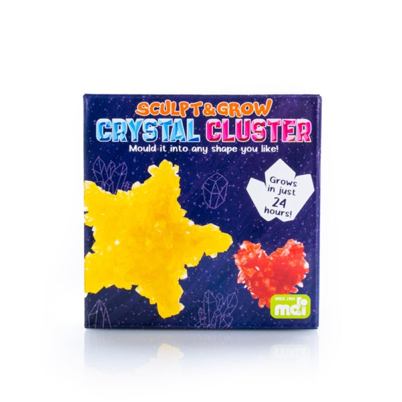 A colorful DIY crystal cluster kit featuring moulding clay and crystallization solution, showcasing the process of creating dazzling crystals.