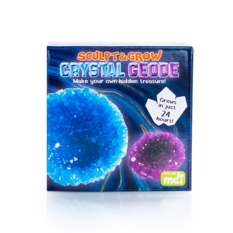 A colorful DIY crystal geode kit featuring moulding clay and a geode mould, showcasing the process of crystallization.