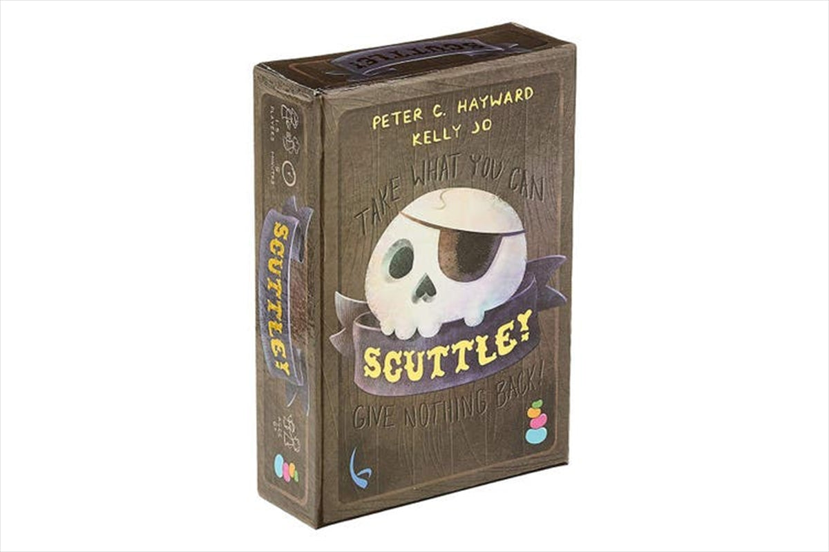 A vibrant box of the Scuttle! card game featuring pirate-themed artwork and colorful illustrations.