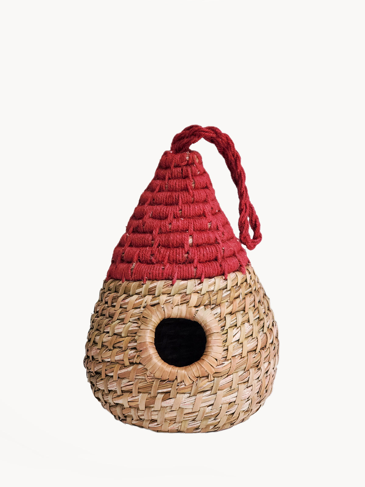 Handcrafted Seagrass Birdhouse - Dewdrop in natural and red colors, perfect for backyard birds.