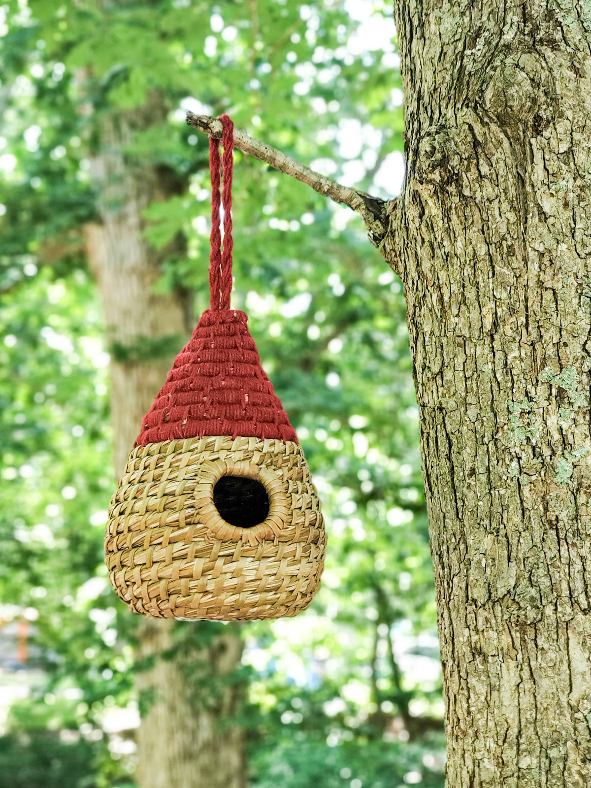 Handcrafted Seagrass Birdhouse - Dewdrop in natural and red colors, perfect for backyard birds.