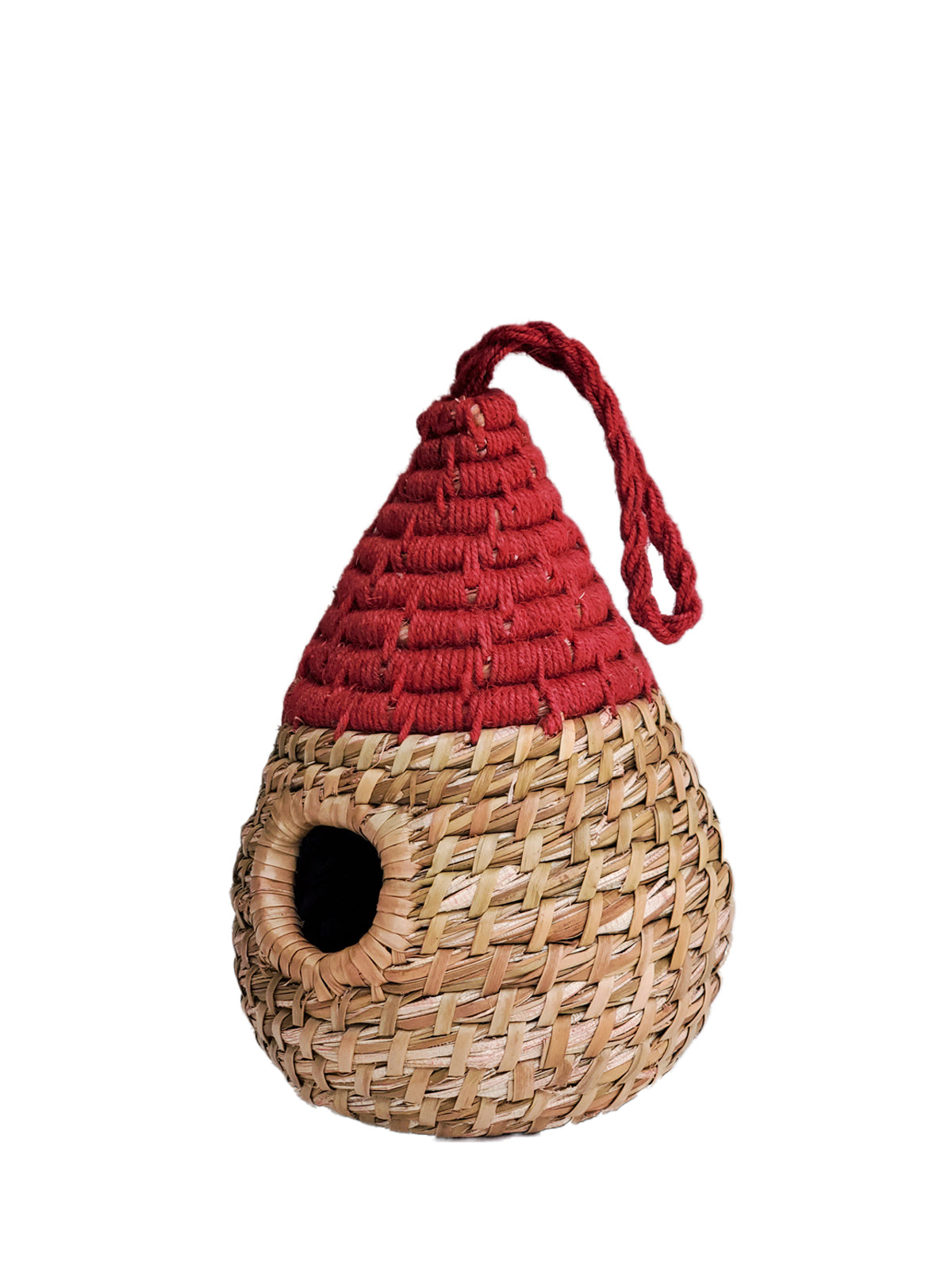 Handcrafted Seagrass Birdhouse - Dewdrop in natural and red colors, perfect for backyard birds.