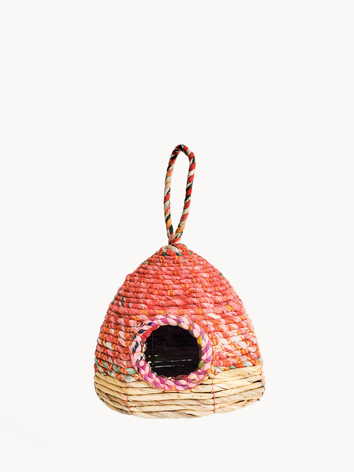 Handcrafted Seagrass & Sari Birdhouse featuring vibrant sari fabrics and natural seagrass, perfect for garden decor.