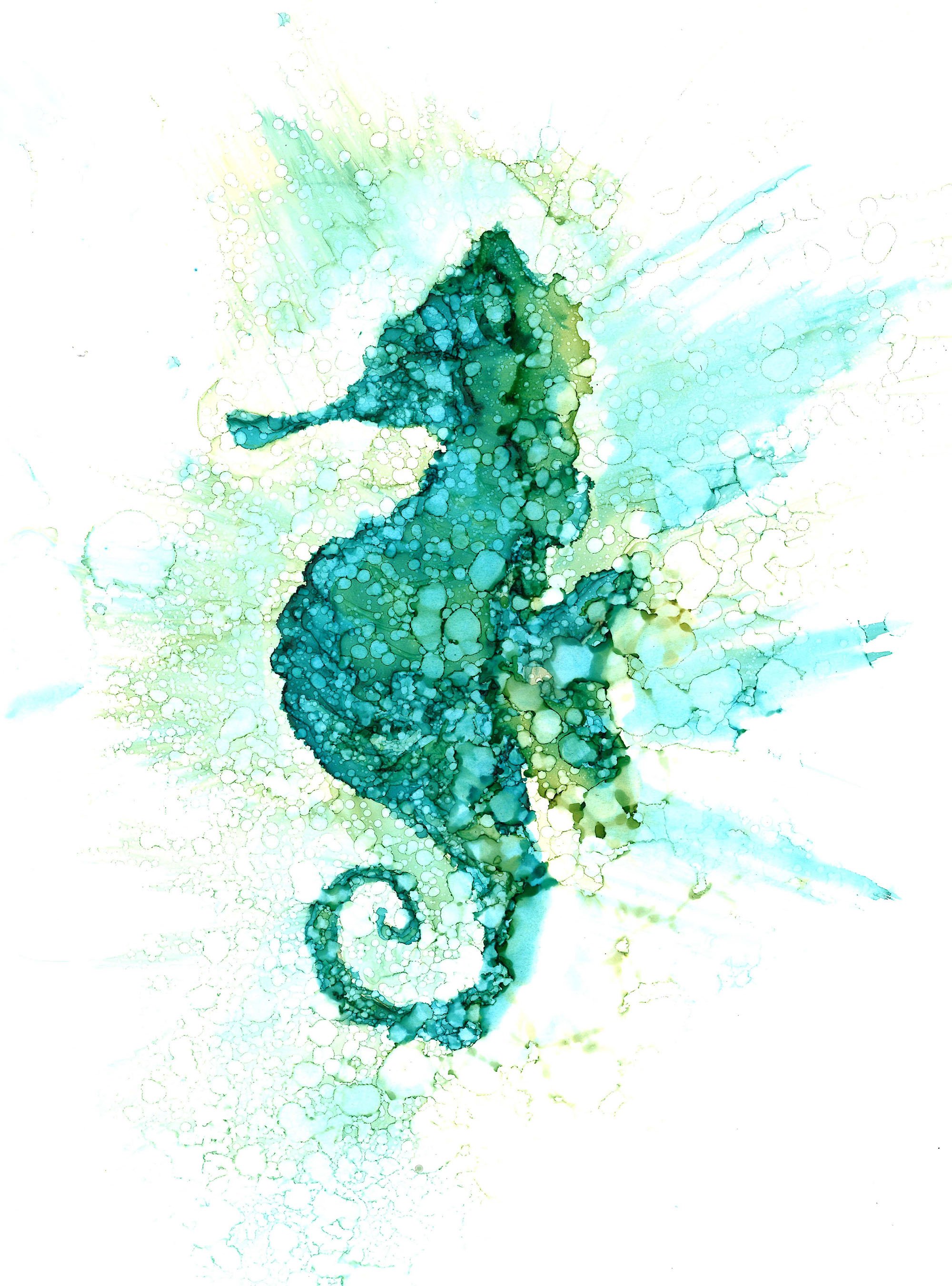 A vibrant seahorse print created with alcohol inks, showcasing intricate details and lively colors.