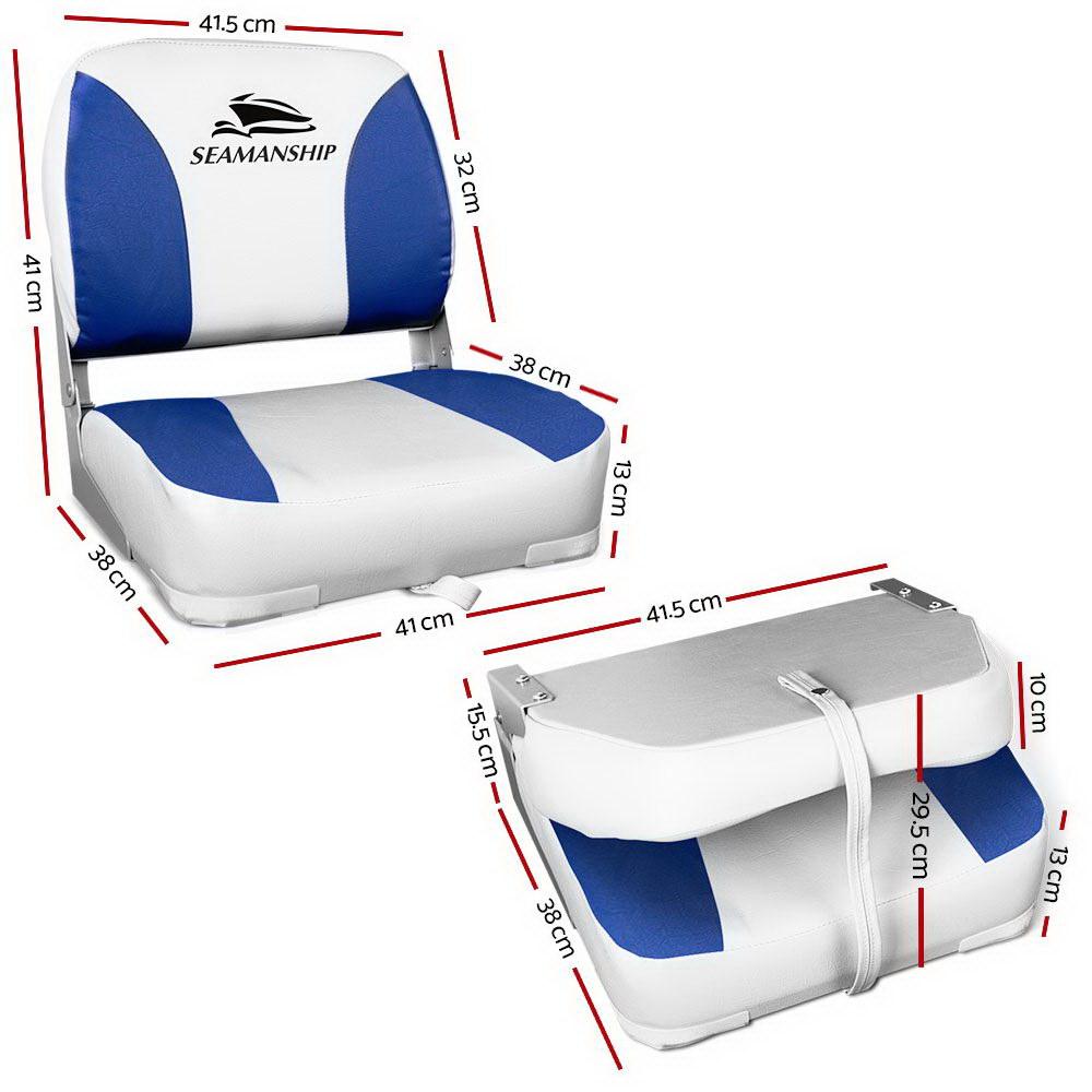 Seamanship Set of 2 Folding Swivel Boat Seats in White and Blue, showcasing premium plastic and comfortable padding.