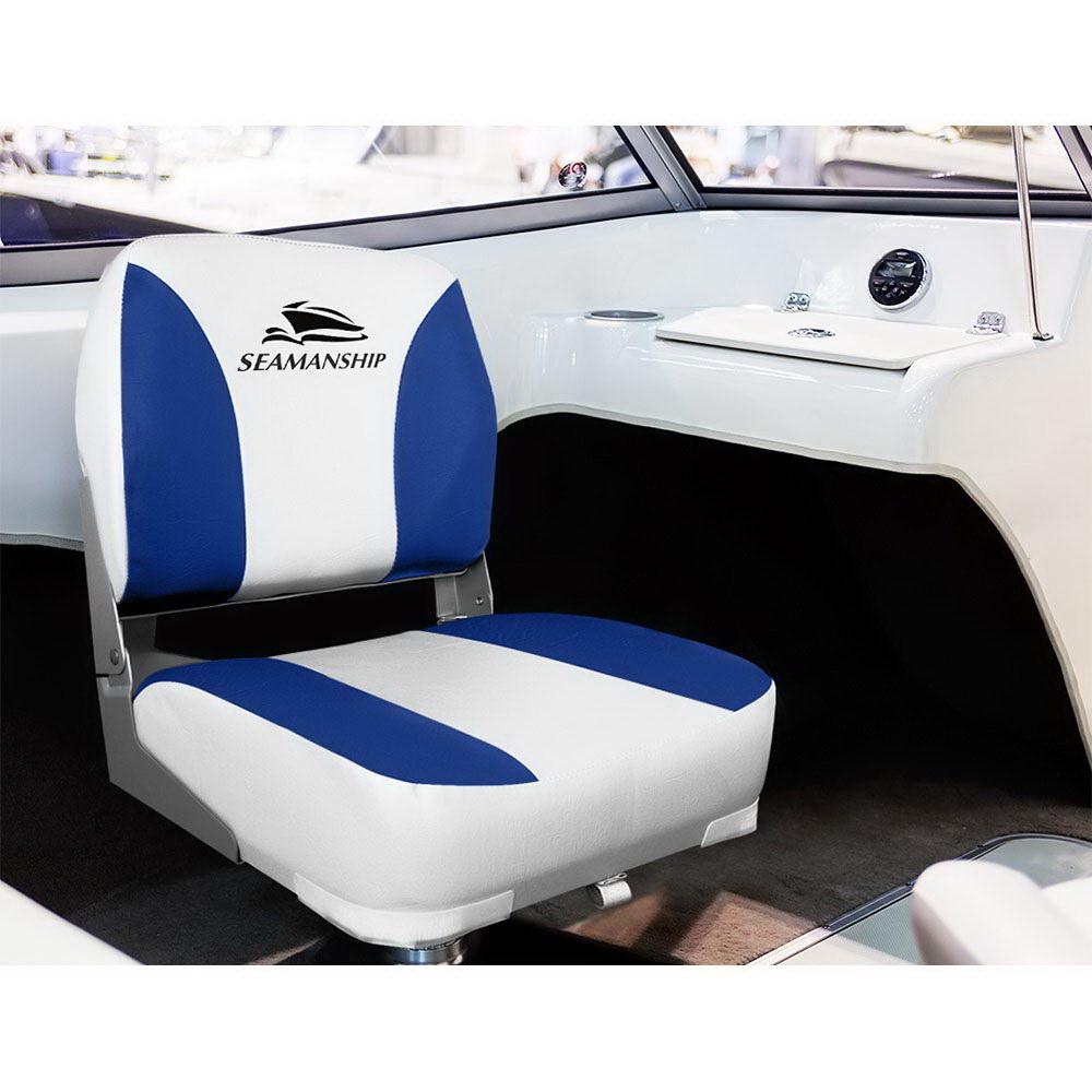 Seamanship Set of 2 Folding Swivel Boat Seats in White and Blue, showcasing premium plastic and comfortable padding.