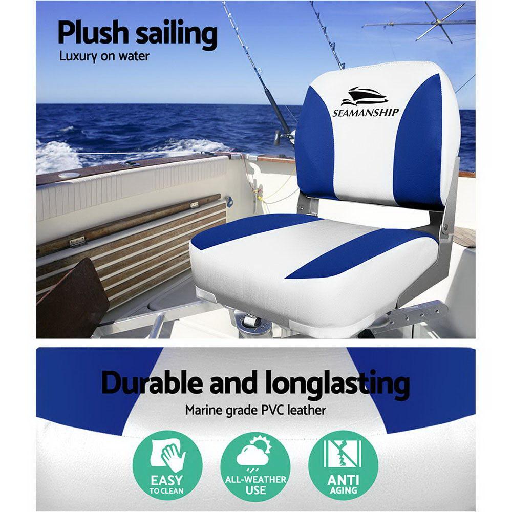 Seamanship Set of 2 Folding Swivel Boat Seats in White and Blue, showcasing premium plastic and comfortable padding.