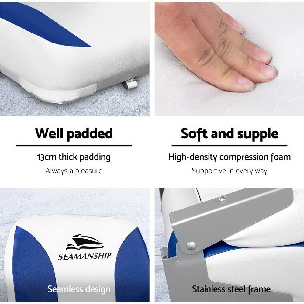 Seamanship Set of 2 Folding Swivel Boat Seats in White and Blue, showcasing premium plastic and comfortable padding.