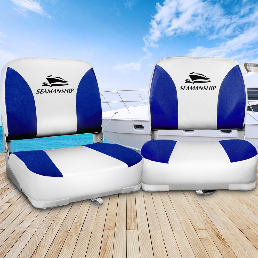 Seamanship Set of 2 Folding Swivel Boat Seats in White and Blue, showcasing premium plastic and comfortable padding.