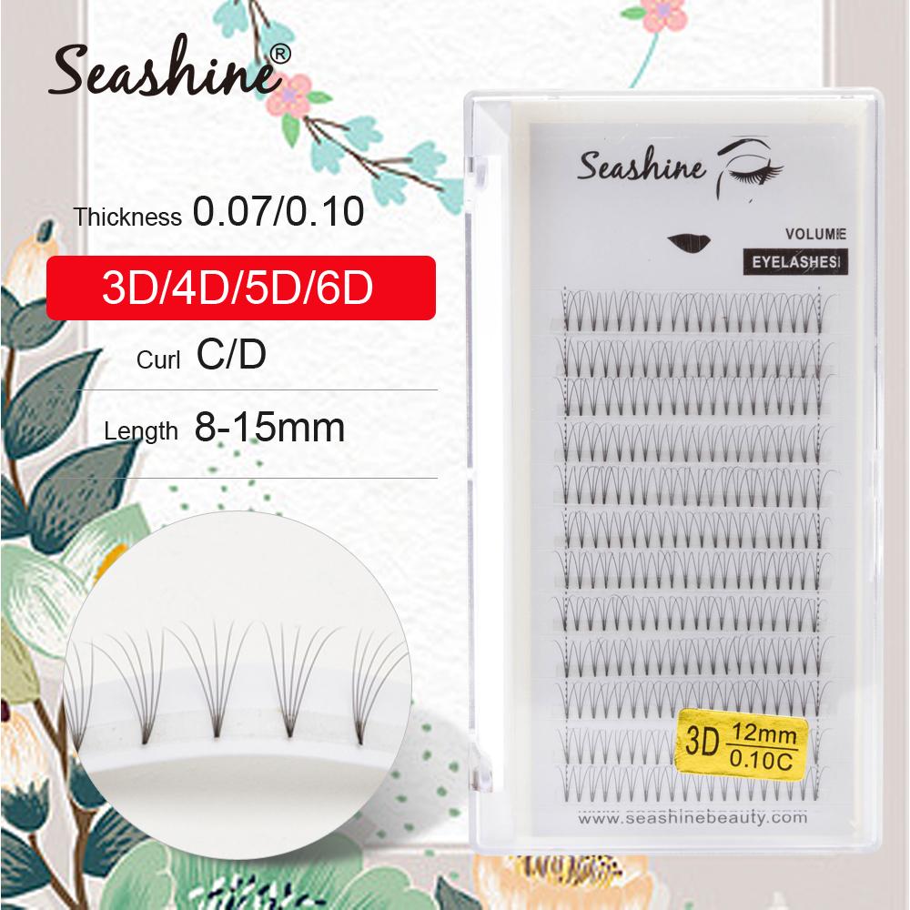 Seashine Lashes Premade Volume Fans Short Stem 3D Faux Mink Lash displayed in a tray, showcasing their soft and glossy texture.