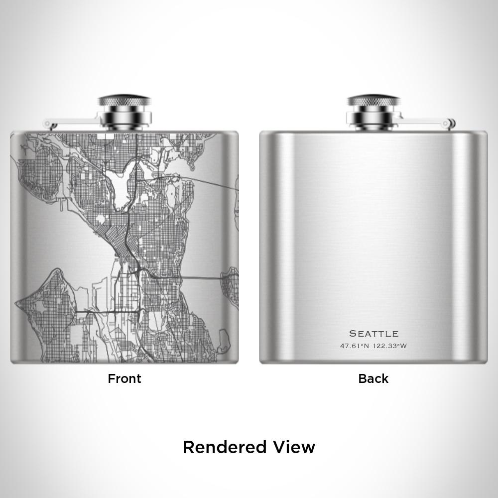 Custom engraved Seattle map hip flask with canvas bag and funnel, showcasing coordinates.