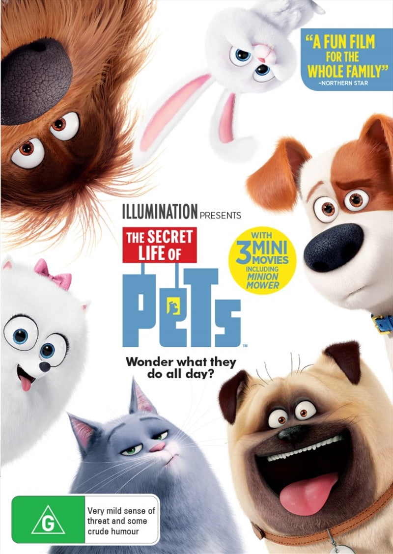 The Secret Life of Pets DVD cover featuring animated characters Max, Duke, and Snowball in a colorful design.