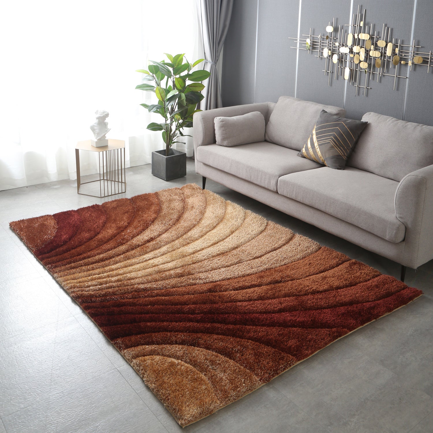 Sedona 3D Brown Shag Rug showcasing plush texture and modern wave design in brown and beige colors.