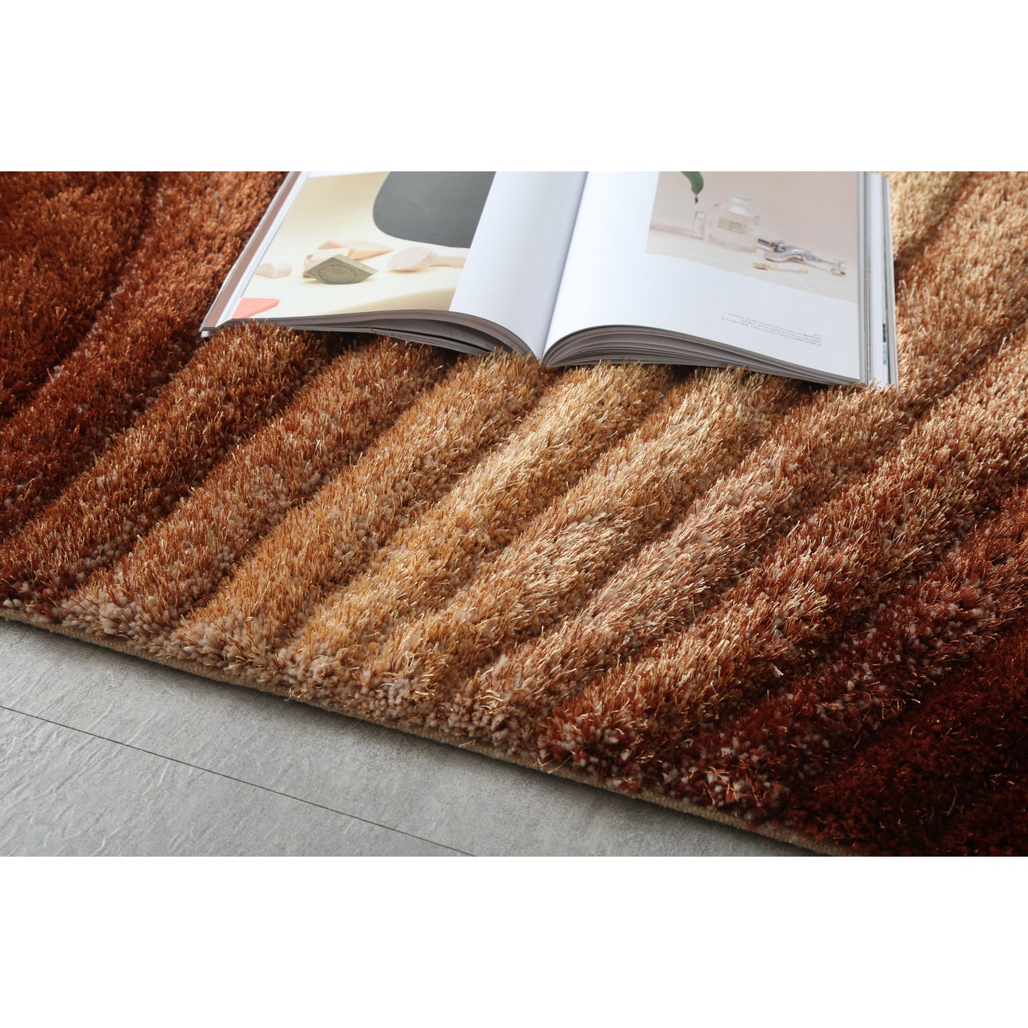 Sedona 3D Brown Shag Rug showcasing plush texture and modern wave design in brown and beige colors.