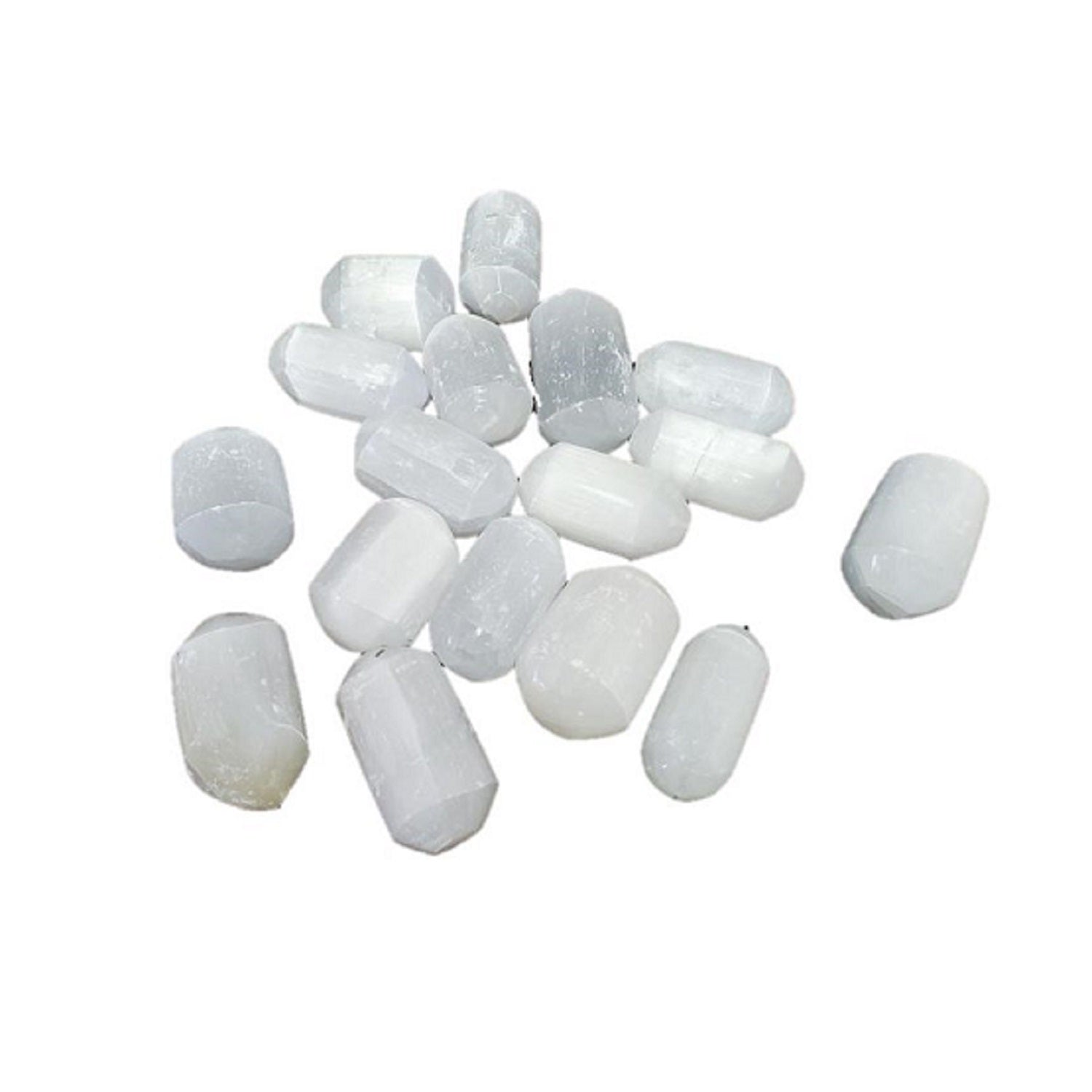 A collection of polished Selenite Tumbled Stones, showcasing their smooth surface and translucent glow, ideal for energy cleansing and massage therapy.