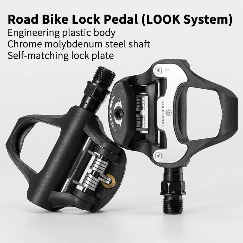 LOOK KEO Self Lock Clip In Bike Pedals with Shimano SPD-SL Cleat, showcasing aluminum alloy body and sealed bearings.