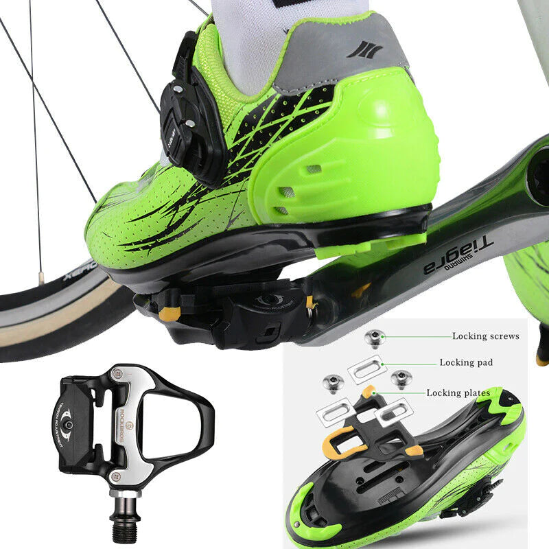 LOOK KEO Self Lock Clip In Bike Pedals with Shimano SPD-SL Cleat, showcasing aluminum alloy body and sealed bearings.