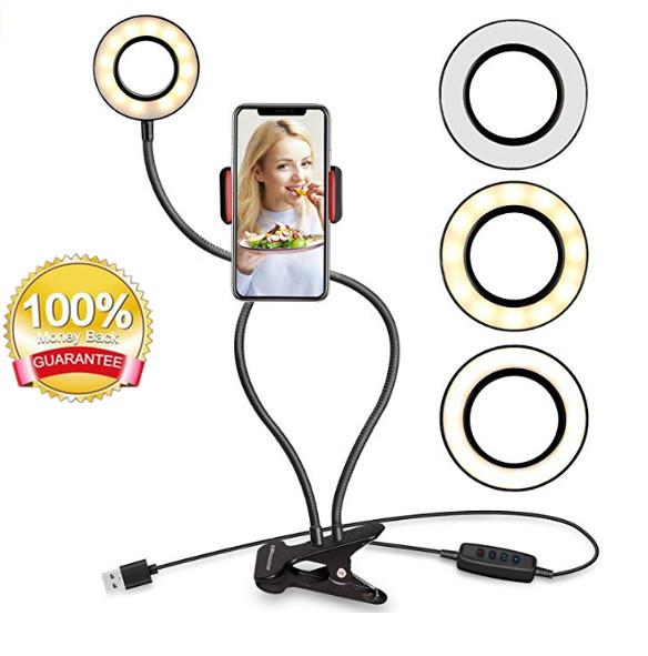 Selfie Ring Light with adjustable phone holder stand, perfect for live streaming and makeup application.