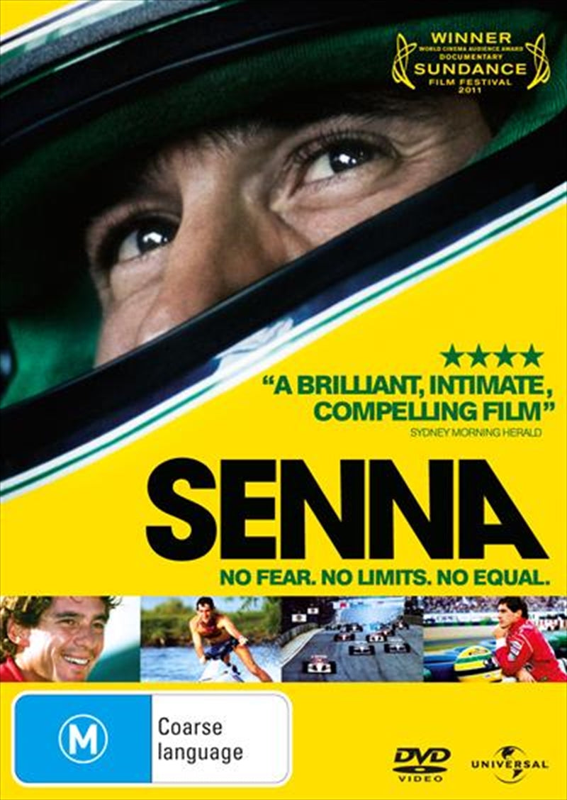 Ayrton Senna DVD cover featuring the legendary driver in action on the racetrack.