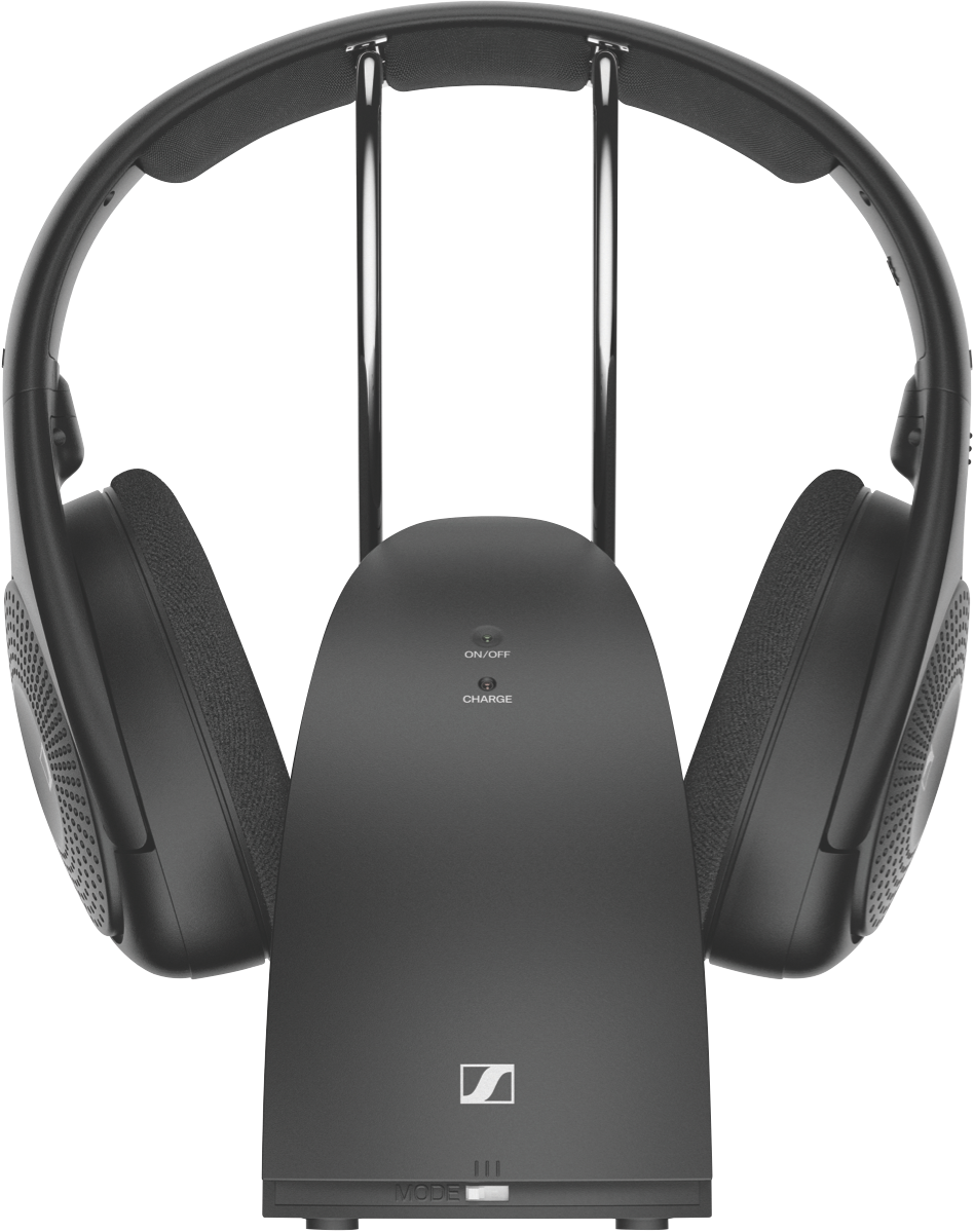 Sennheiser RS 120-W Wireless TV Headphones with transmitter and accessories, showcasing sleek black design.