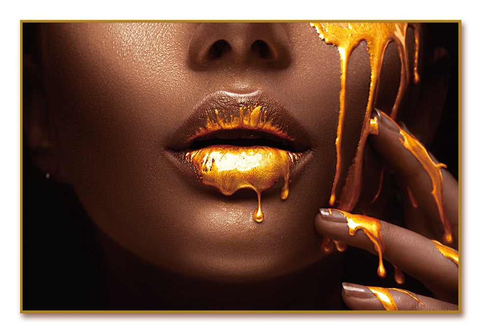 Sensuous Woman and Liquid Gold Acrylic Print showcasing modern luxury with a high-gloss finish and gold frame, perfect for wall decor.