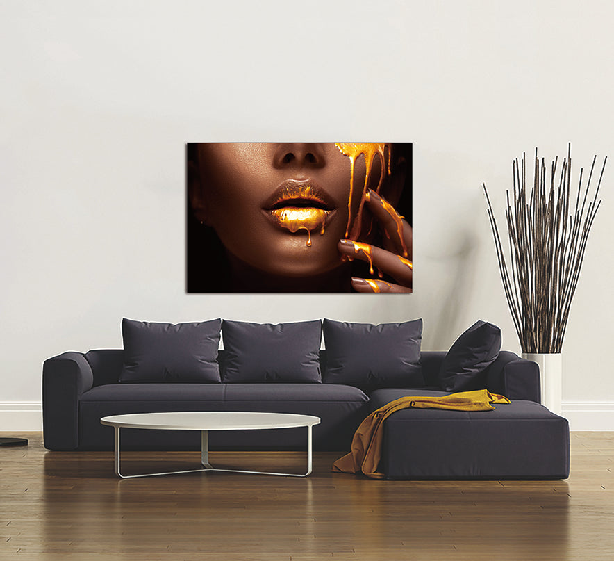 Sensuous Woman and Liquid Gold Acrylic Print showcasing modern luxury with a high-gloss finish and gold frame, perfect for wall decor.